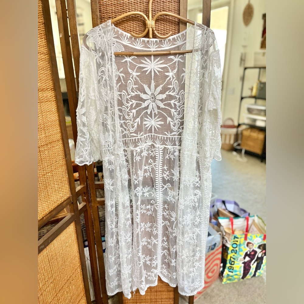 Sheer White Embroidered Maxi Duster/Coverup